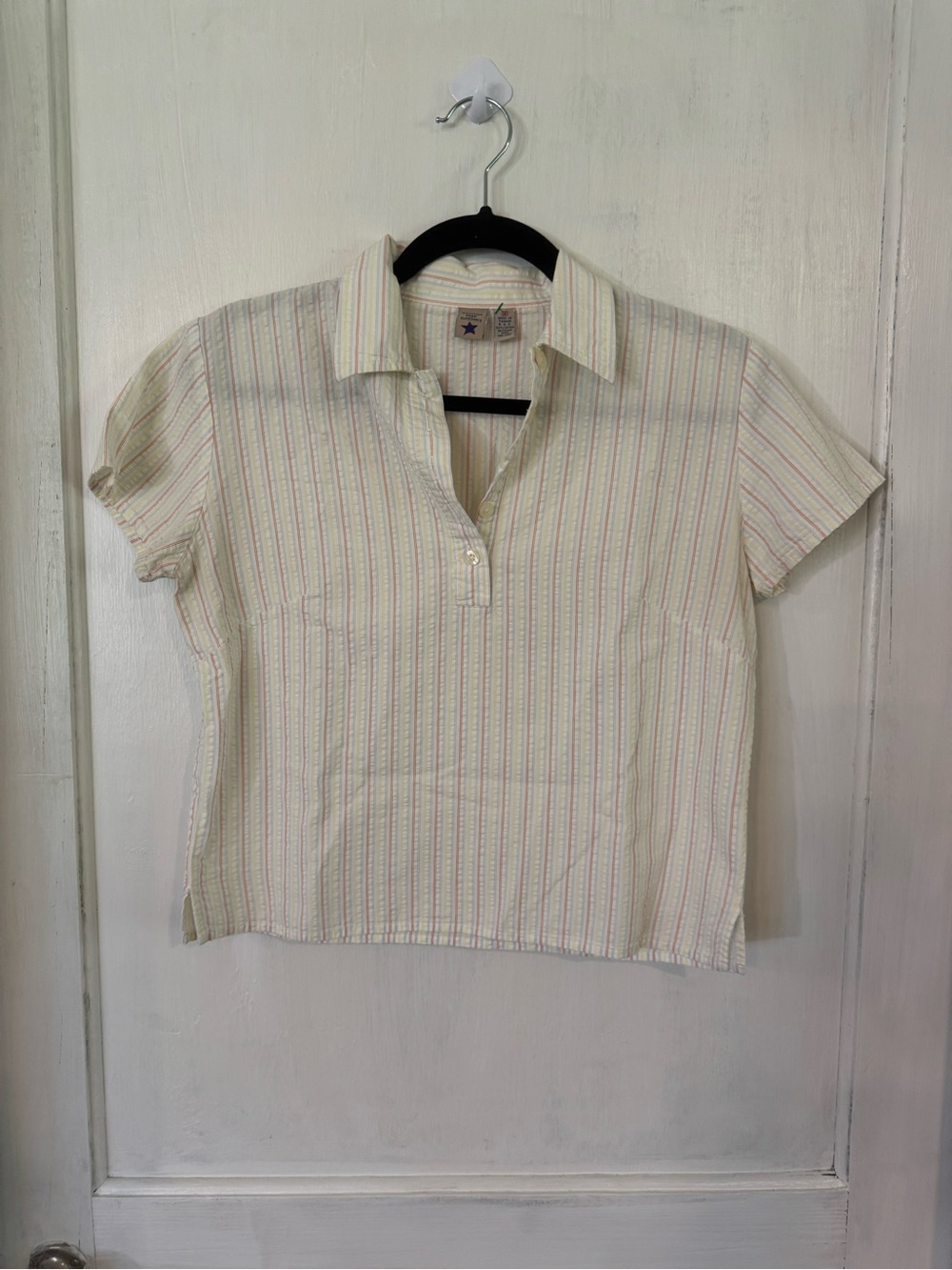 American Eagle Outfitters Cream Short-Sleeve Button-Down with Pastel Stripes